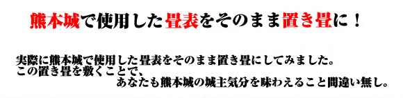 熊本城で使用した畳表をそのまま置き畳に!　実際に熊本城で使用した畳表をそのまま置き畳にしてみました。　この置き畳を敷くことで、あなたも熊本城の城主気分を味わえること間違い無し。